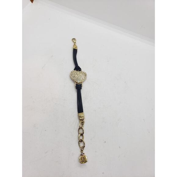 VTG Juicy Couture Rhinestone Heart Bracelet Black Cord Adjustable Crown Charm - Picture 3 of 16